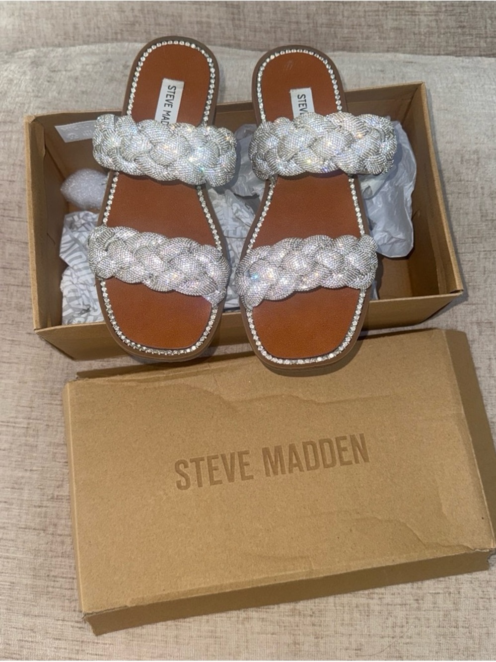 Steve Madden Braided Crystal Double-Band Slide Sandals - Silver